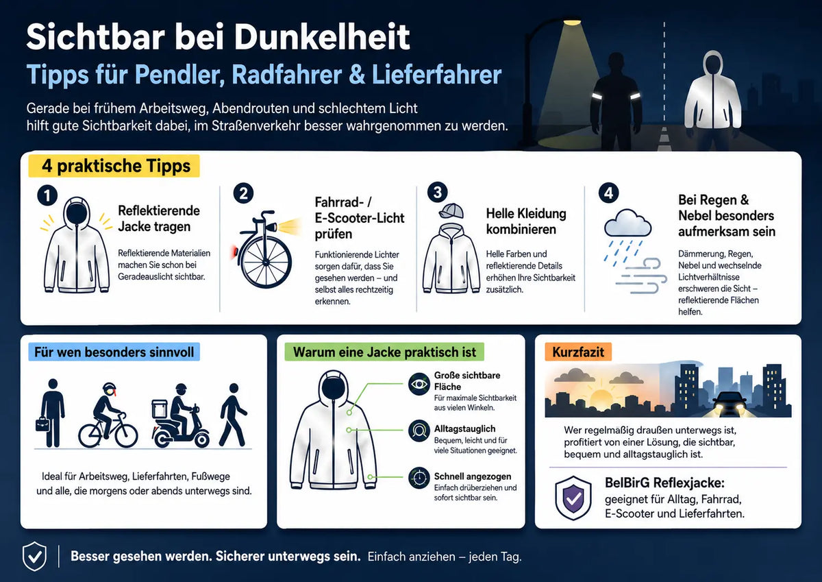 Sichtbar bei Dunkelheit mit reflektierender Jacke für Pendler