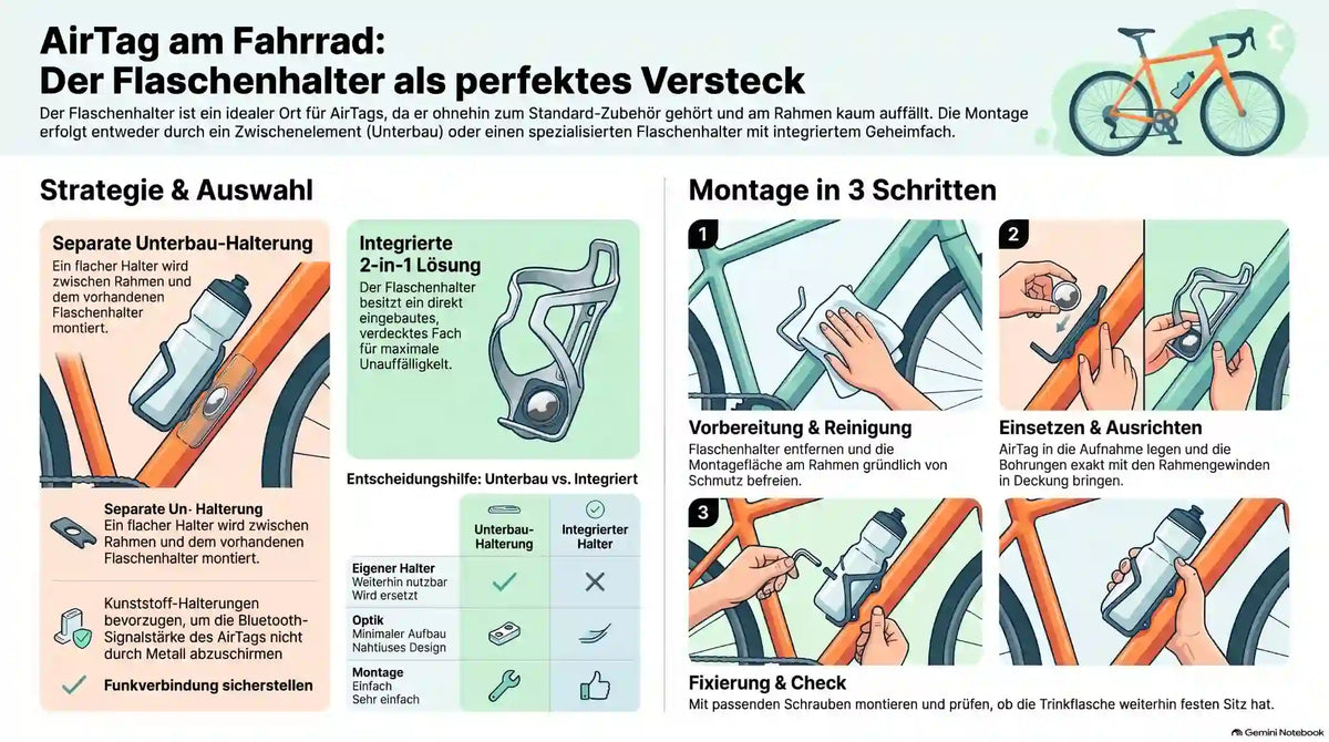 AirTag unter dem Flaschenhalter verstecken – Montage einer unauffälligen Tracker-Halterung am Fahrrad