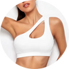 Modell trägt einen weißen One Shoulder Sport-BH, perfekt für Training und Laufen.
