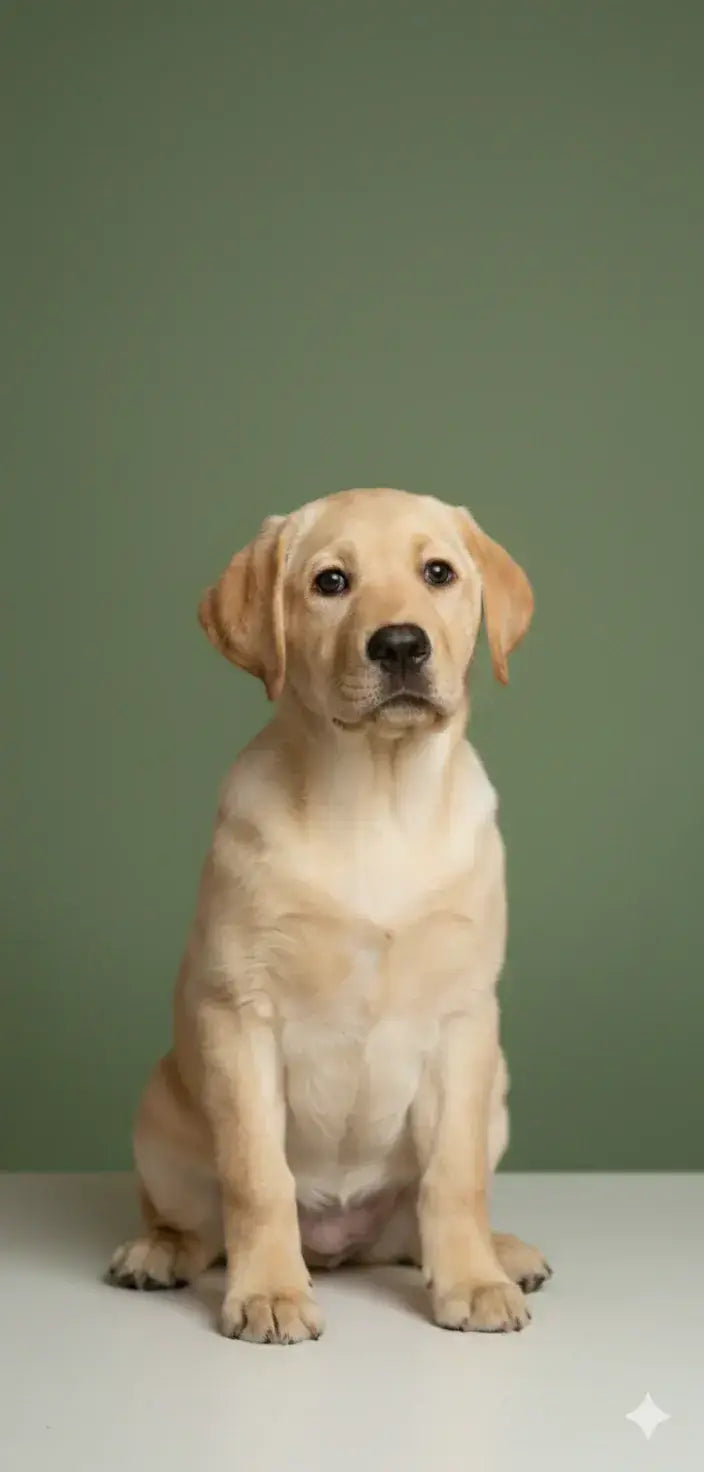 Welpe sitzt ruhig vor grünem Hintergrund