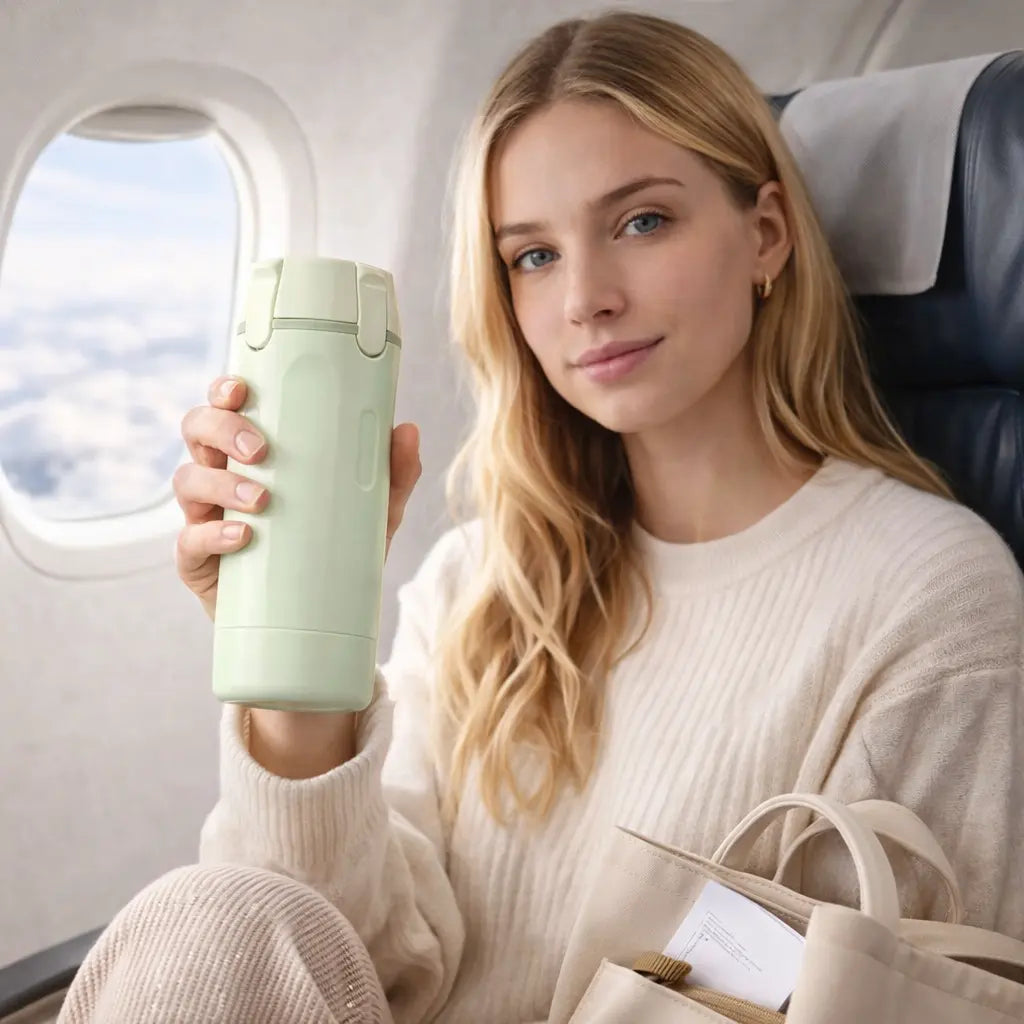 4-in-1 Reise Dispenser im Flugzeug – kompakt und ideal für Handgepäck und Flugreisen