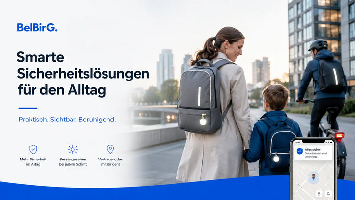Smarte Sicherheitslösungen im Alltag mit Kind, reflektierendem Rucksack und Standort-App