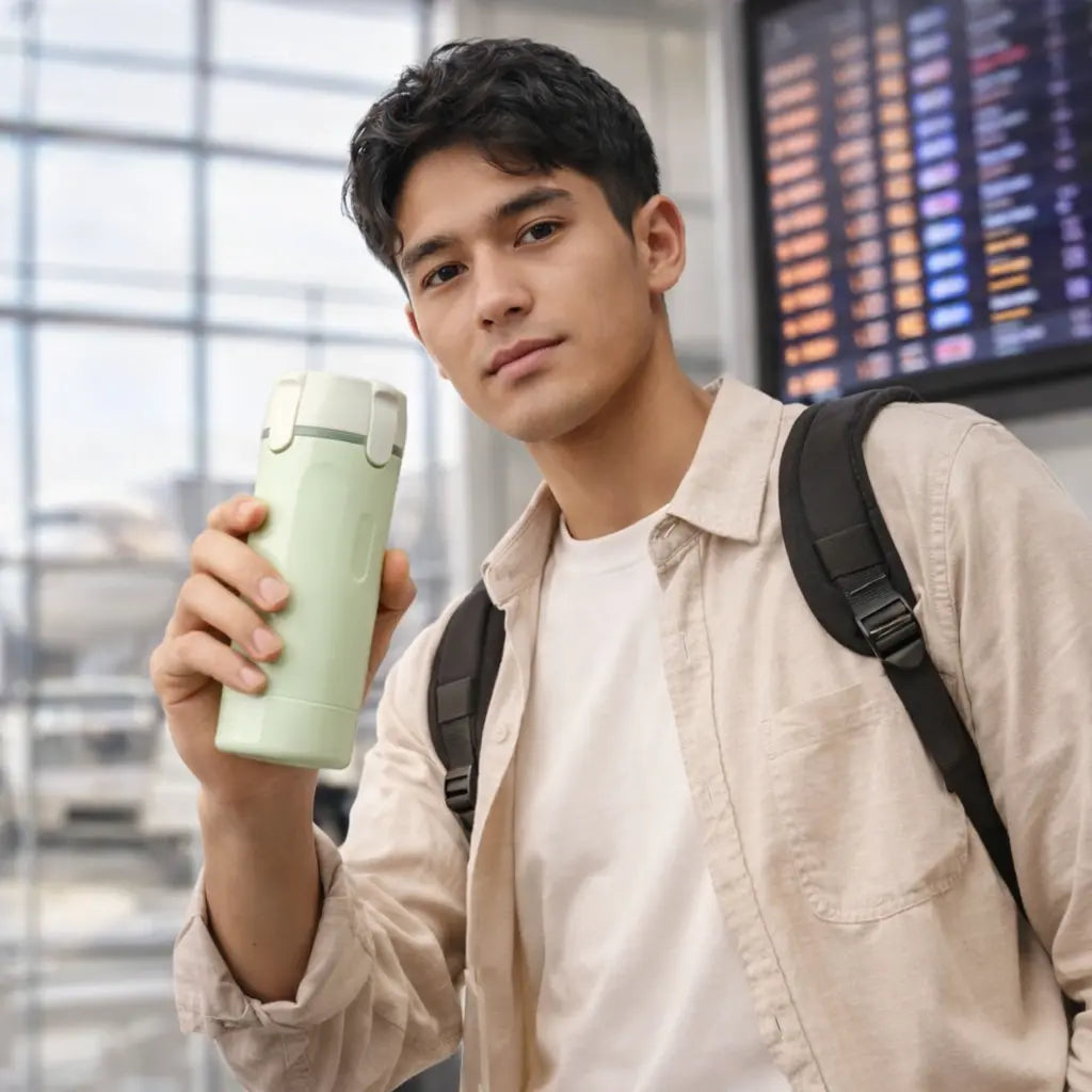 4-in-1 Reise Dispenser am Flughafen – kompakt und ideal für Handgepäck und Reisen