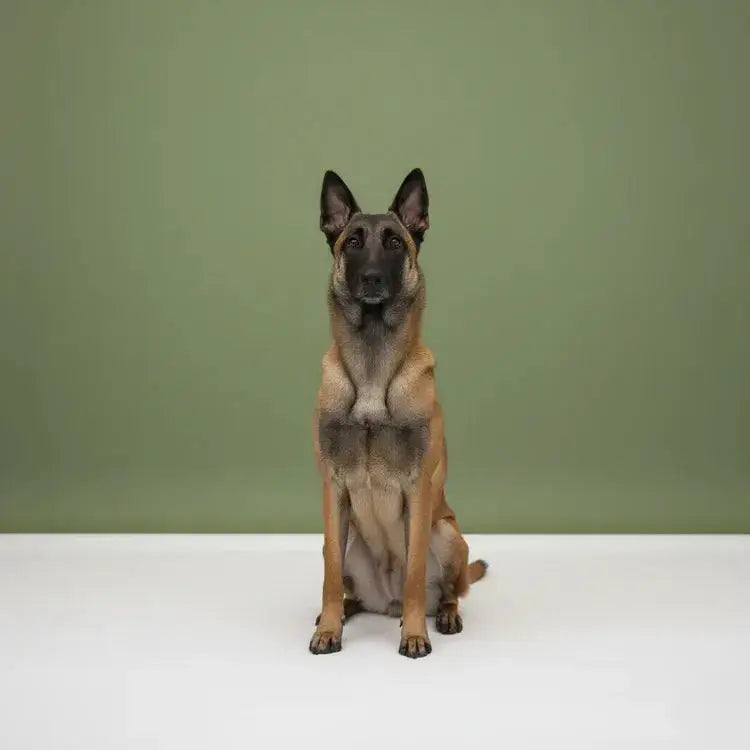 Erwachsener Hund ruhig sitzend vor grünem Hintergrund