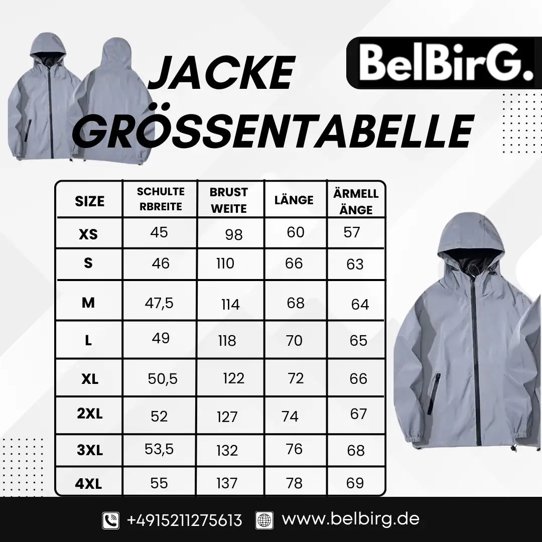 BelBirG Größentabelle für Herren Windjacke in XS–4XL.
