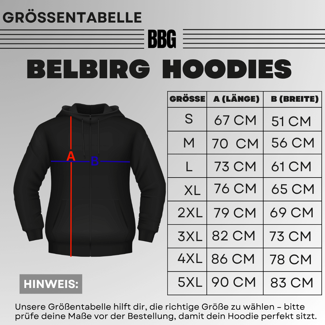 Größentabelle für Belbirg Hoodies – Maße in cm für S bis 5XL, Länge und Breite zur Auswahl der richtigen Größe.