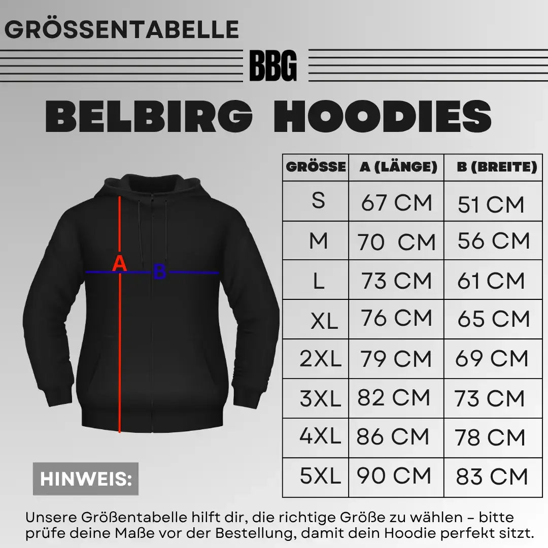 Größentabelle für Belbirg Hoodies von S bis 5XL mit Maßen in cm