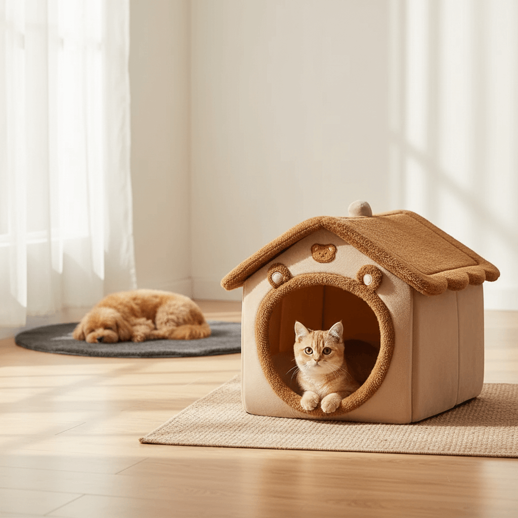 Katze liegt entspannt in einer weichen Haustierhöhle im Wohnzimmer