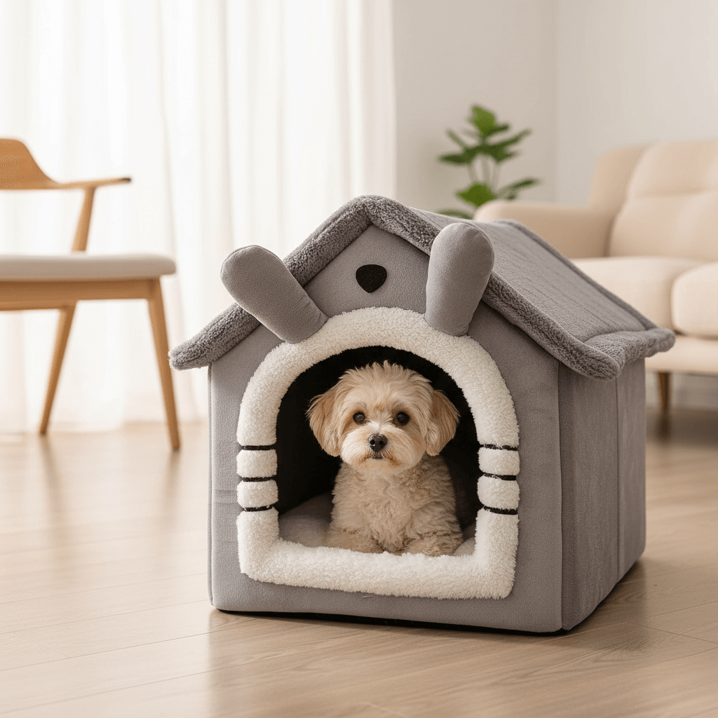 Kleiner Hund sitzt in einer weichen Hundehöhle aus Plüsch im modernen Wohnzimmer