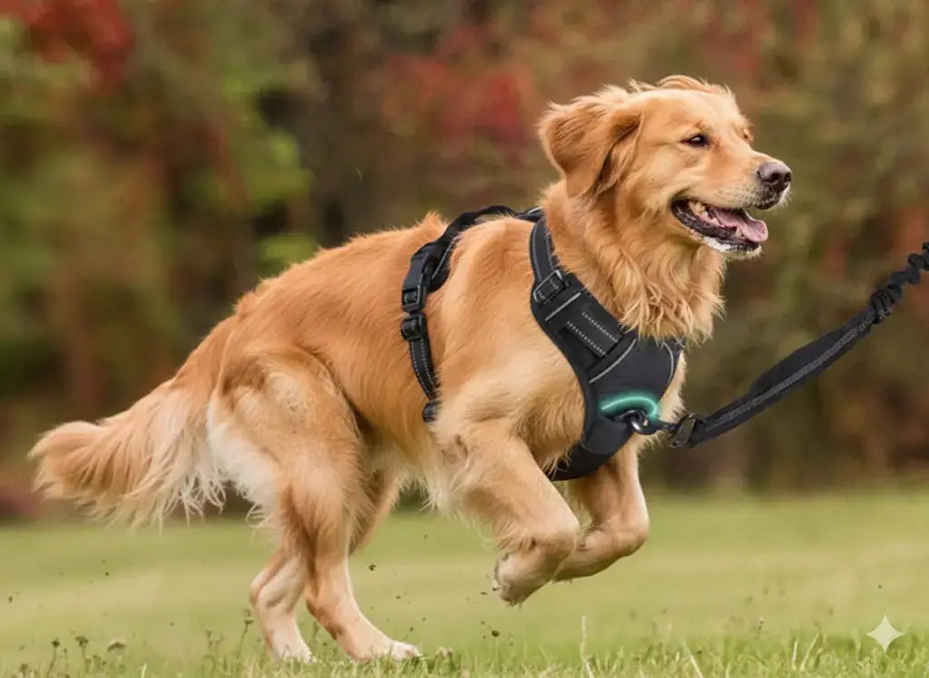 Aktiver Hund mit No-Pull Hundegeschirr beim Spaziergang