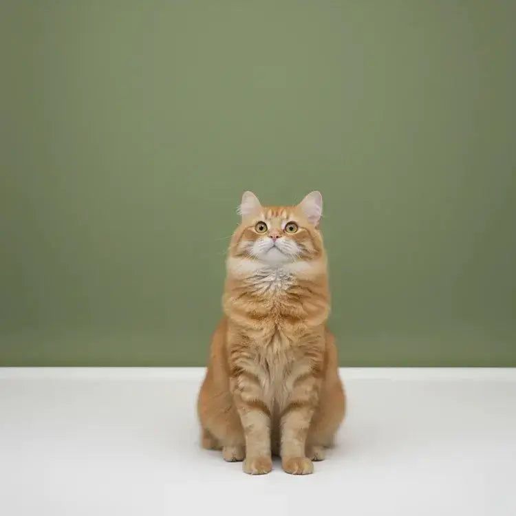 Katze sitzt ruhig vor grünem Hintergrund