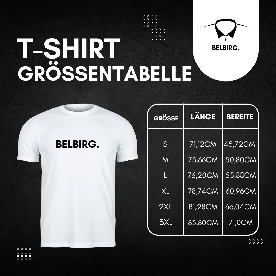 BelBirG T-Shirt Größentabelle mit weißen Shirt und Größenangaben S bis 3XL.
