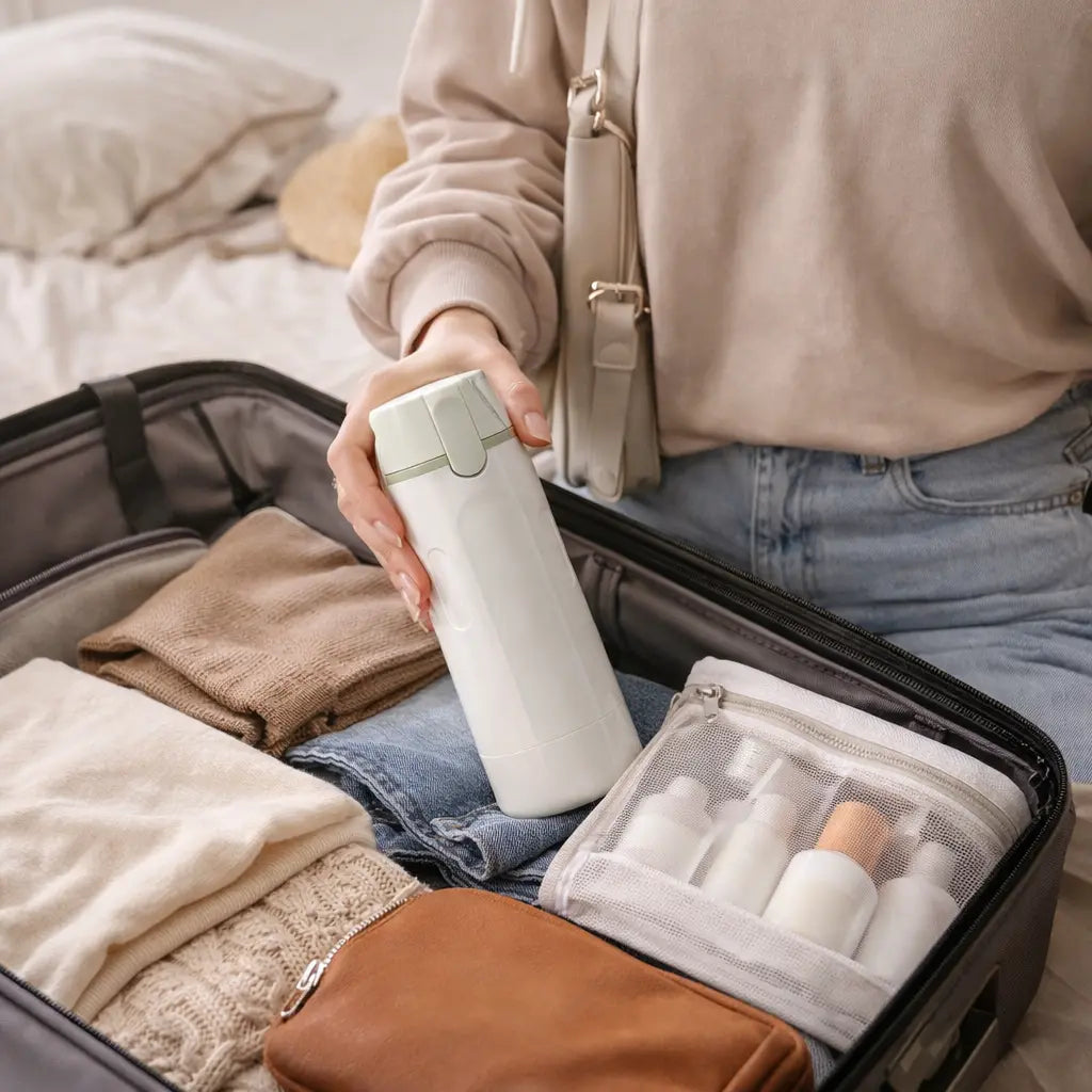 4-in-1 Reise Dispenser im Koffer – kompakt und ideal für Handgepäck und organisiertes Packen