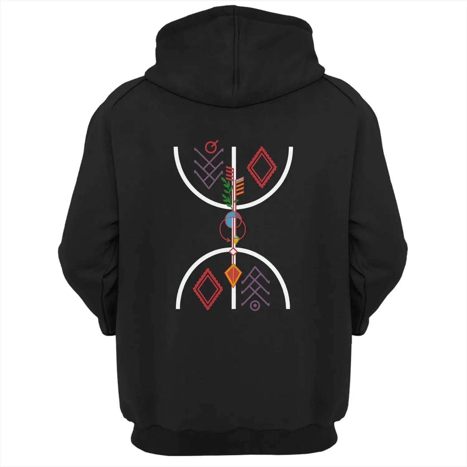 Amzigh Spirit Hoodie Schwarz – Frontansicht mit Amazigh-Symbol, BelBirG Premium.