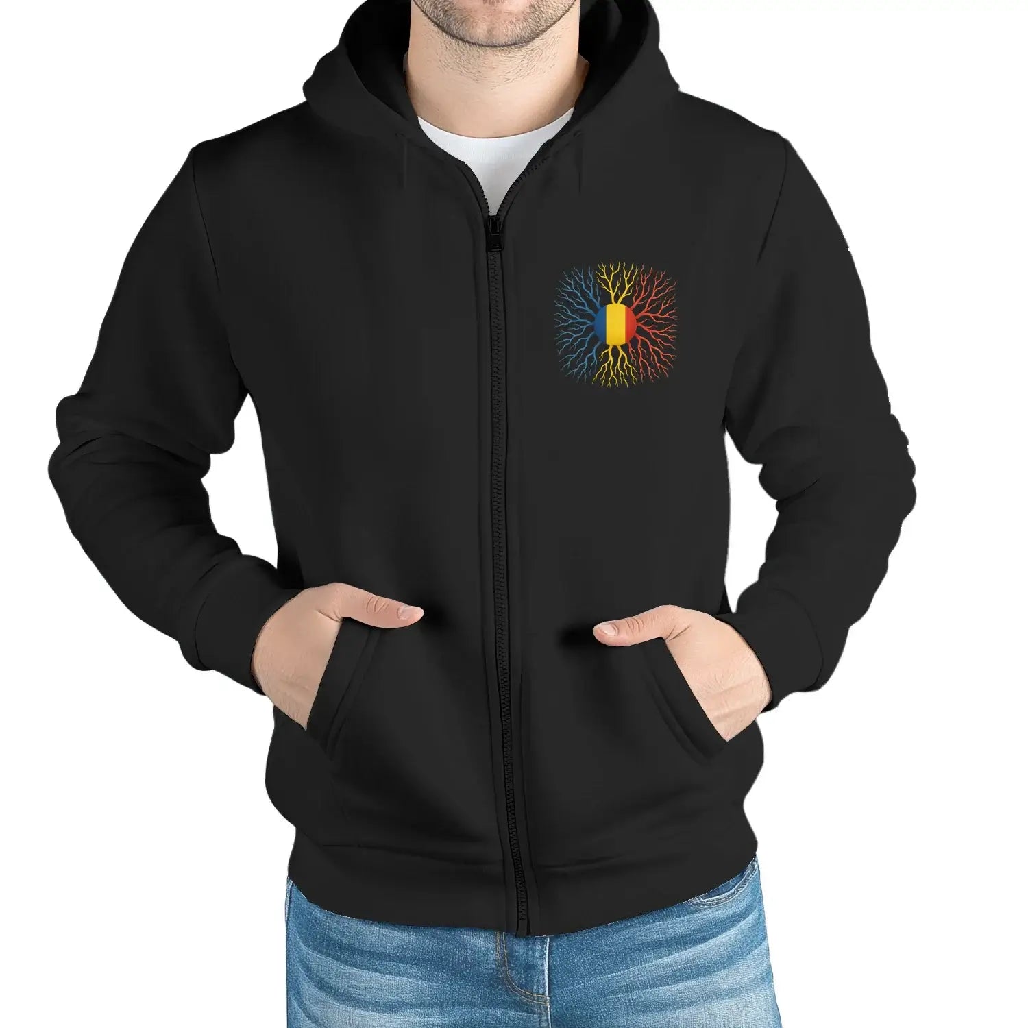Romanian Power Zip Hoodie in black with colorful logo, symbolizing strength and pride.