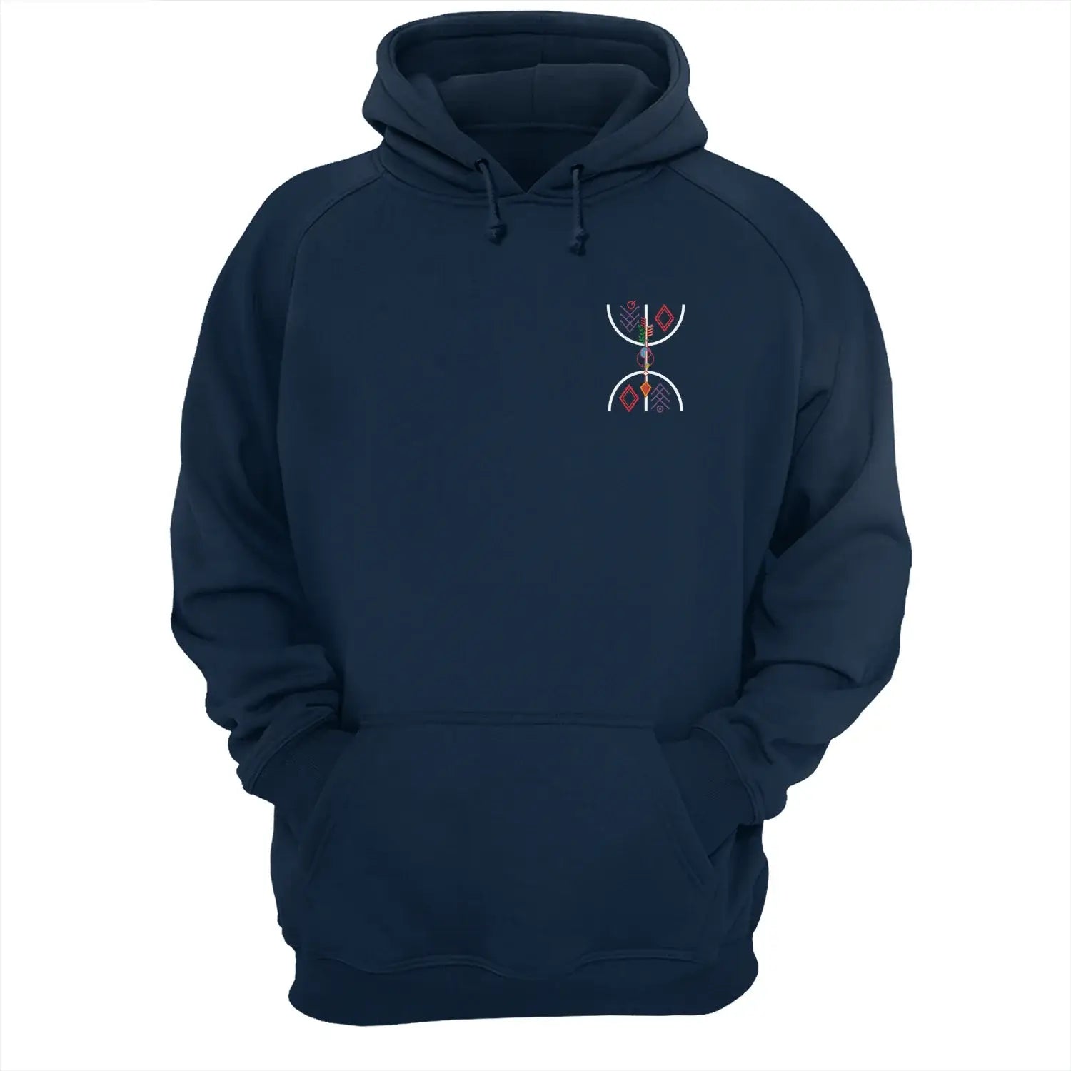 Amzigh Spirit Hoodie Blau – Brustdesign mit traditionellem Amazigh-Zeichen.