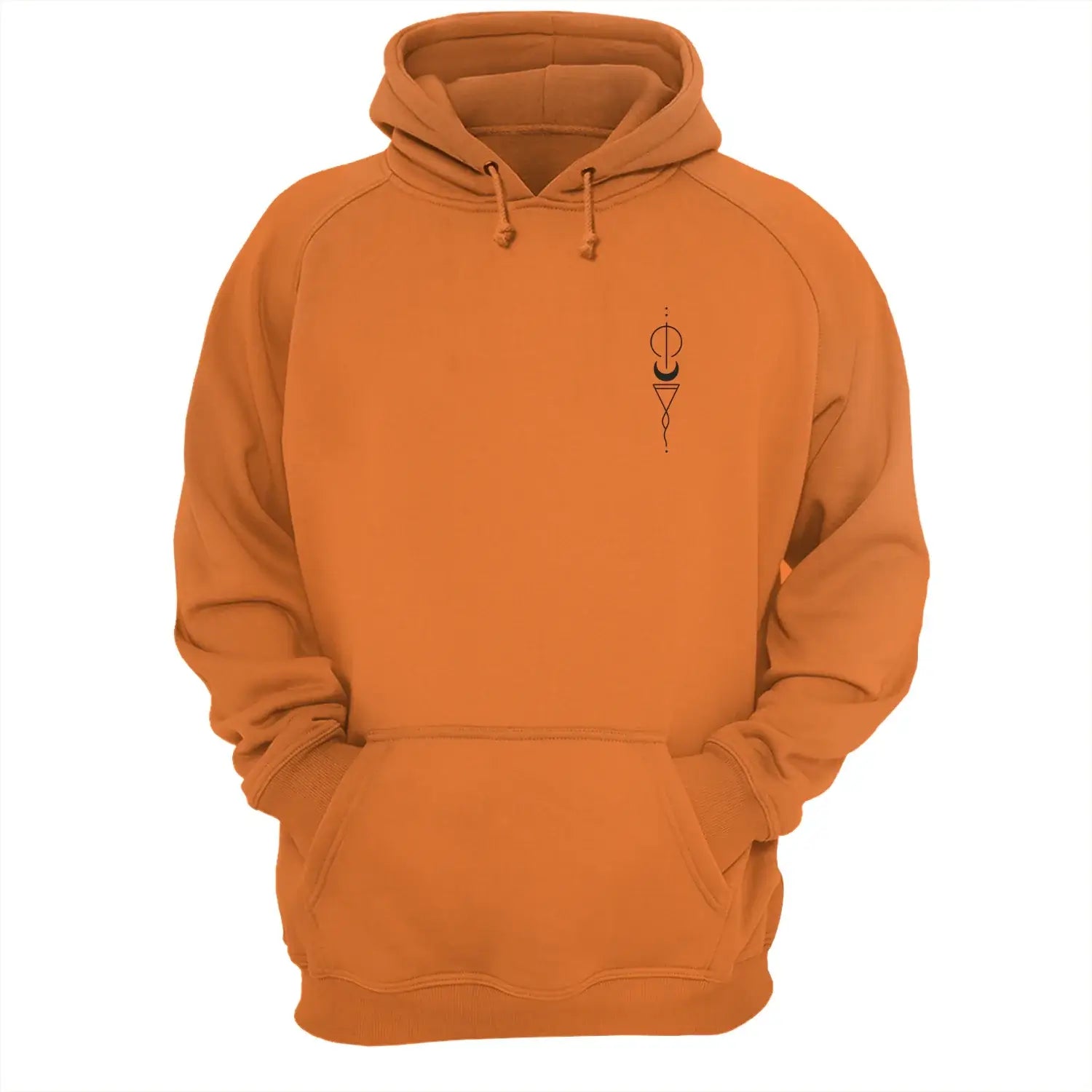 Oranger World Map Explorer Hoodie Vorderseite – kleiner Kompass-Print auf der Brust, inspiriert von Reisen.