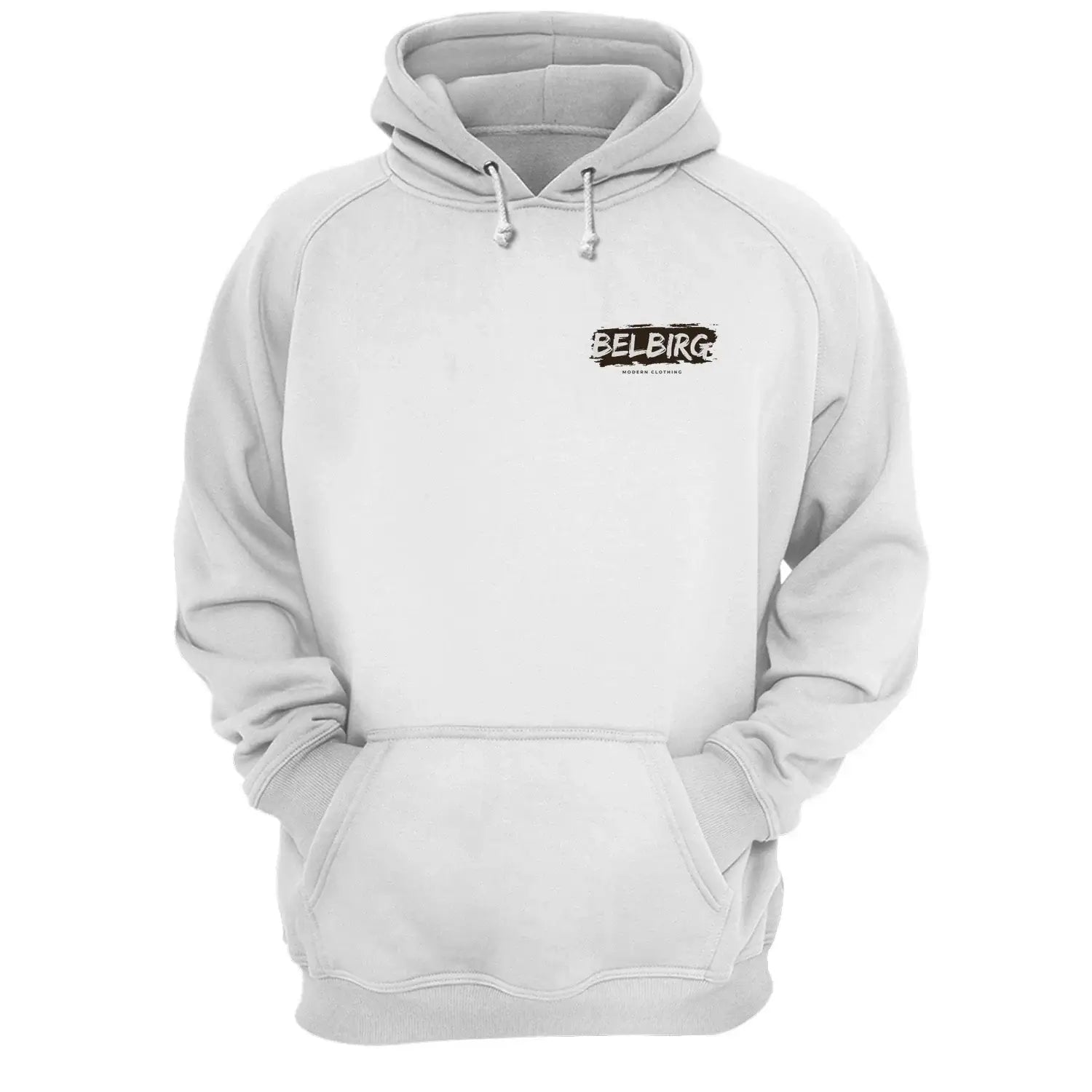 Weißer Motivational Dream Big Hoodie vorne mit „BelBirG Modern Clothing“ Logo auf der Brust.