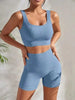 2-piece ribbed workout set for women featuring a seamless crop top and high waist shorts in blue.