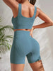 ULTRA-BEQUEMES 2-teiliges Ribbed Workout Set für Frauen in Blau, nahtloses Design, atmungsaktiv, ideal für Gym und Fitness.