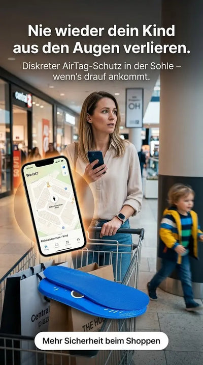 AirTag Einlegesohle für Kinder im Einkaufszentrum mit Mutter und Smartphone