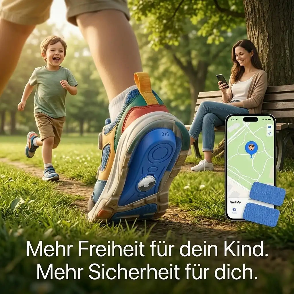 AirTag Einlegesohle für Kinder im Alltag mit Mutter und Smartphone im Park